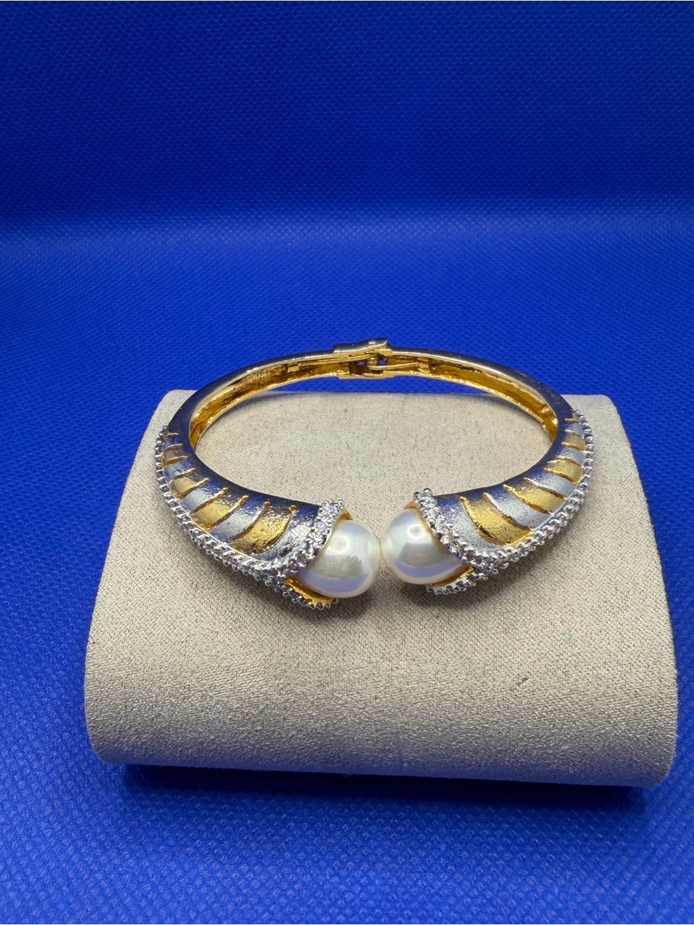 Gold-Tone Pearl and Crystal Hinged Bangle Bracelet